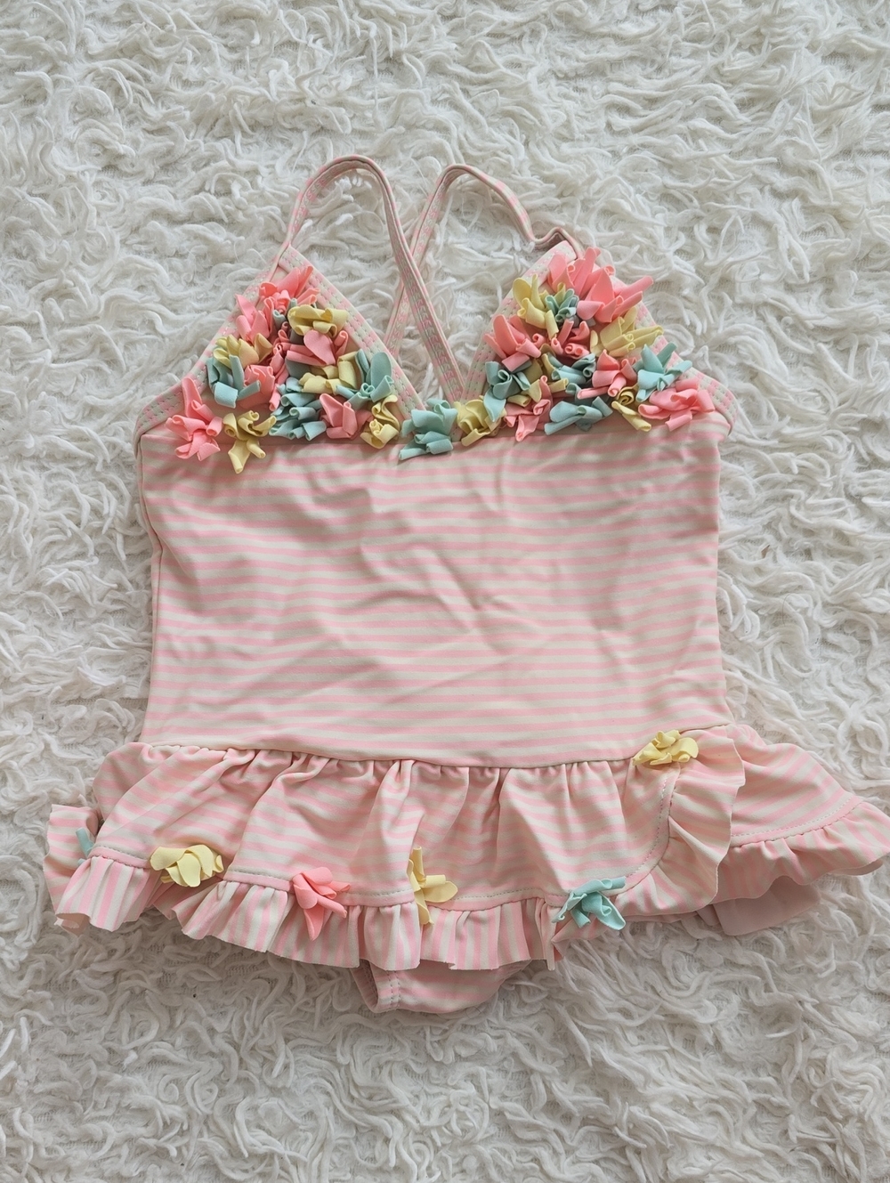 Little Me Pink and White Striped Ruffle Swimsuit with Pastel Bows